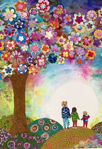 niños beneton, familia, aroa,arbol floreado